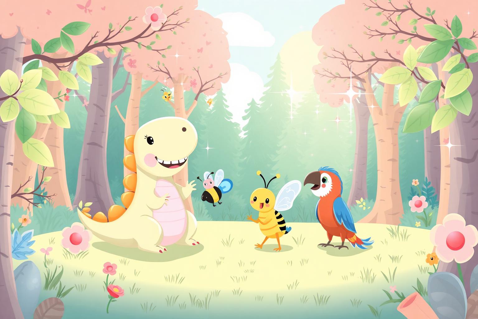 Duni and her friends playing in a pastel forest